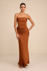 Verbena Magenta Satin Draped Strapless Maxi Dress
