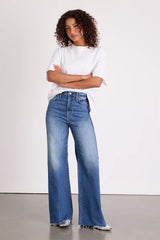 Far Out Medium Wash Striped Raw Hem Wide-Leg Jeans