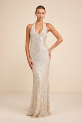 Velenia Champagne Sequin Halter Mermaid Maxi Dress