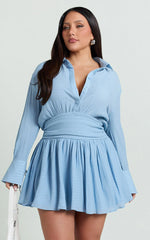 Valerie Mini Dress - Collared Long Sleeve Corset Waist Shirt Dress in Pale Blue
