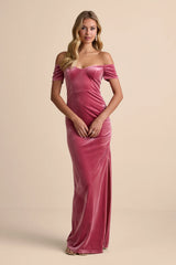 Glorious Celebration Pink Velvet Off-the-Shoulder Maxi Dress