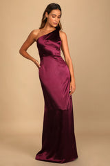 On the Guest List Burgundy Satin One-Shoulder Maxi Dress