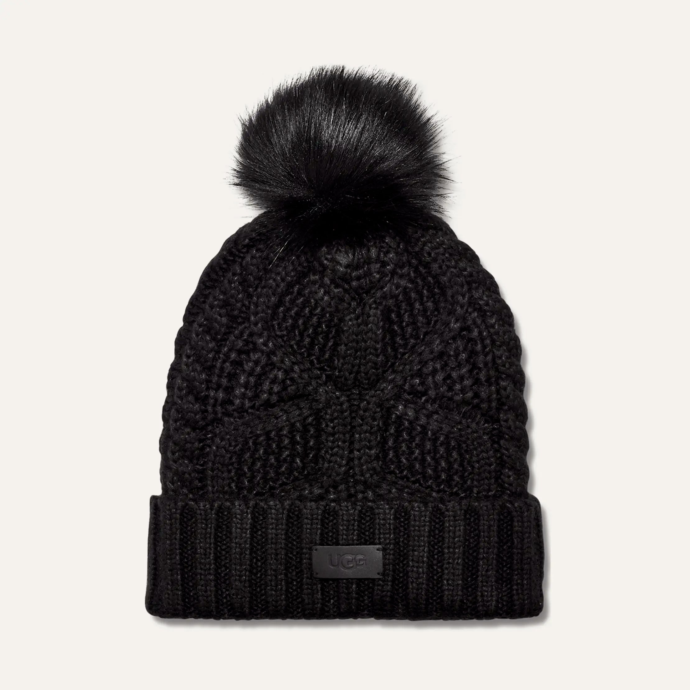 Women's Cable Beanie With Pom - BLACK