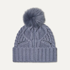 Women's Cable Beanie With Pom - SILVER BLUE