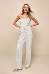 Glorious Vision Silver Sequin Strapless Wide-Leg Jumpsuit