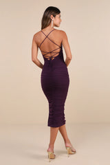 Flirty Instinct Purple Mesh Ruched Lace-Up Bodycon Midi Dress