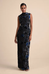 Composed Glamour Red and Black Burnout Velvet Maxi Dress
