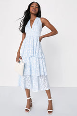 Make It Mesmerizing Navy Blue Jacquard Tiered Midi Dress