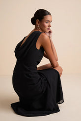 Yaneli White Boat Neck Cowl Back Maxi Dress