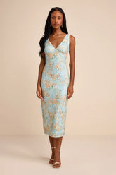 Renita Light Blue Floral Sequin Column Midi Dress