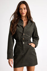 Divina Dark Olive Pinstriped Twill Collared Mini Dress