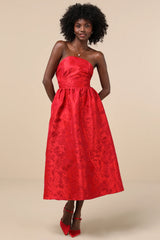 Picturesque Icon Red Jacquard Lace-Up Strapless Midi Dress