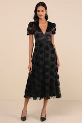 Gorgeous Elevation White Lace Rosette Puff Sleeve Midi Dress