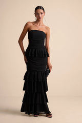Loni Black Strapless Ruffled Maxi Dress
