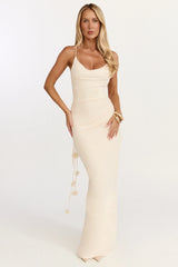 Penny Maxi Dress - Draped Cowl Neck 3D Flower Dress in Cream
