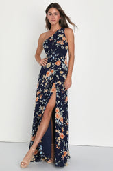 Elegant Admiration Pale Yellow Floral One-Shoulder Maxi Dress
