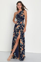 Elegant Admiration Pale Yellow Floral One-Shoulder Maxi Dress