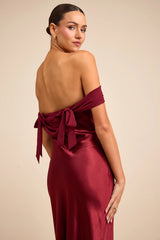 Alaida Wine Red Satin Off-the-Shoulder Maxi Dress