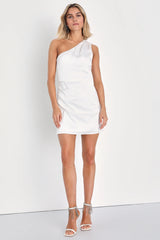 Love Me Tonight Navy Blue Satin One-Shoulder Mini Dress