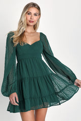 Longing And Love Emerald Swiss Dot Puff Long Sleeve Mini Dress