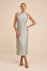 Nuala Sage Green Pleated Sleeveless Bow Midi Dress