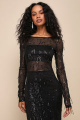 Sheer Fascination Emerald Sheer Mesh Sequin Fringe Maxi Dress