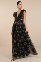 Simply Delighted Black Mesh Ruffled Backless Maxi Dress