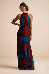 Solayne Burgundy Multi Abstract Strappy Halter Maxi Dress