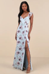 Sweetest Entrance Light Blue Floral Ruffled Tie-Back Maxi Dress