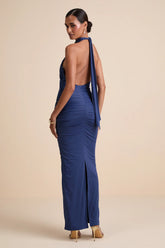 Seraiah Olive Green Knotted Ruched Halter Maxi Dress