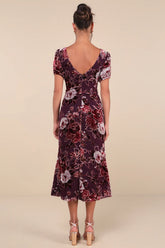 Loving Approach Purple Velvet Burnout Puff Sleeve Midi Dress
