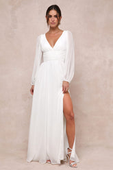 Enchant My Love White V-Neck Long Sleeve Maxi Dress