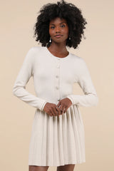 Beyond Sweet Heathered Beige Pearl Pleated Mini Sweater Dress