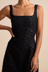 Sandrina Black Textured Sequin Square Neck Midi Dress