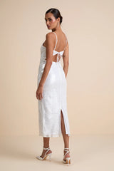 Cahya White Sequin Tie-Back Midi Dress