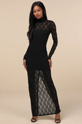 Famous Impression Beige Lace Mock Neck Long Sleeve Maxi Dress