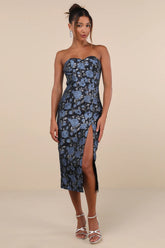Beloved Belle Black Multi Jacquard Strapless Bow Midi Dress