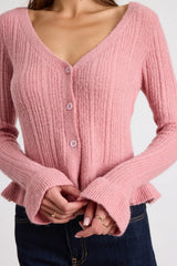 Midge Pink Ribbed Knit Ruffled Cardigan