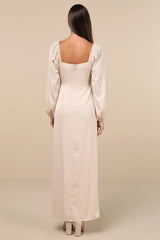 Eternal Heart Champagne Satin Long Sleeve Maxi Dress