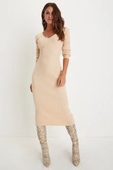 Everyday Beauty Beige Long Sleeve Ribbed Knit Sweater Dress