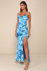 Stunning Wonder Blue Floral Mesh Bustier Mermaid Maxi Dress
