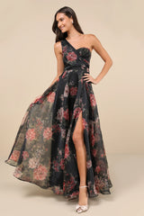 Truly Extraordinary Plum Floral Organza One-Shoulder Maxi Dress