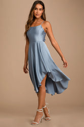 Days Like Today Blue Satin Asymmetrical Tie-Back Midi Dress