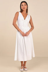 Lettie White Poplin Plunge Neck Midi Dress