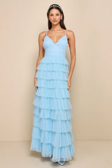 Radiant Event Lavender Mesh Tiered Ruffled Backless Maxi Dress
