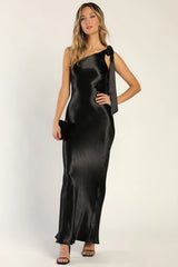 Lavish Looks Black Satin One-Shoulder Tie-Strap Maxi Dress