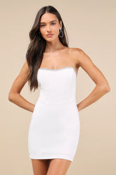 Sparkly Finesse White Rhinestone Strapless Bustier Mini Dress