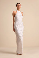Novalea White Sequin Halter Maxi Dress