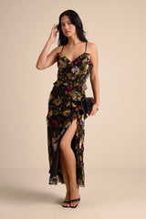 Shona Black Multi Velvet Jacquard Ruffled Maxi Dress