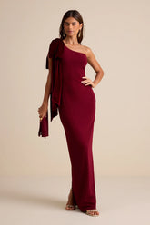 Amarila Burgundy One-Shoulder Velvet Bow Maxi Dress